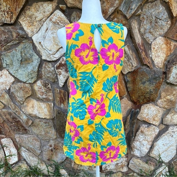Vintage Blue Water Yellow Floral Dress Tropical Sleeveless Beach Vacation Mini S - Picture 4 of 15